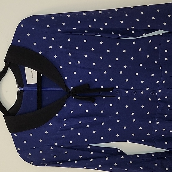 Reformation Tamia Mini dress navy Danube polkadot pattern black collar Sz 0 - Picture 6 of 16